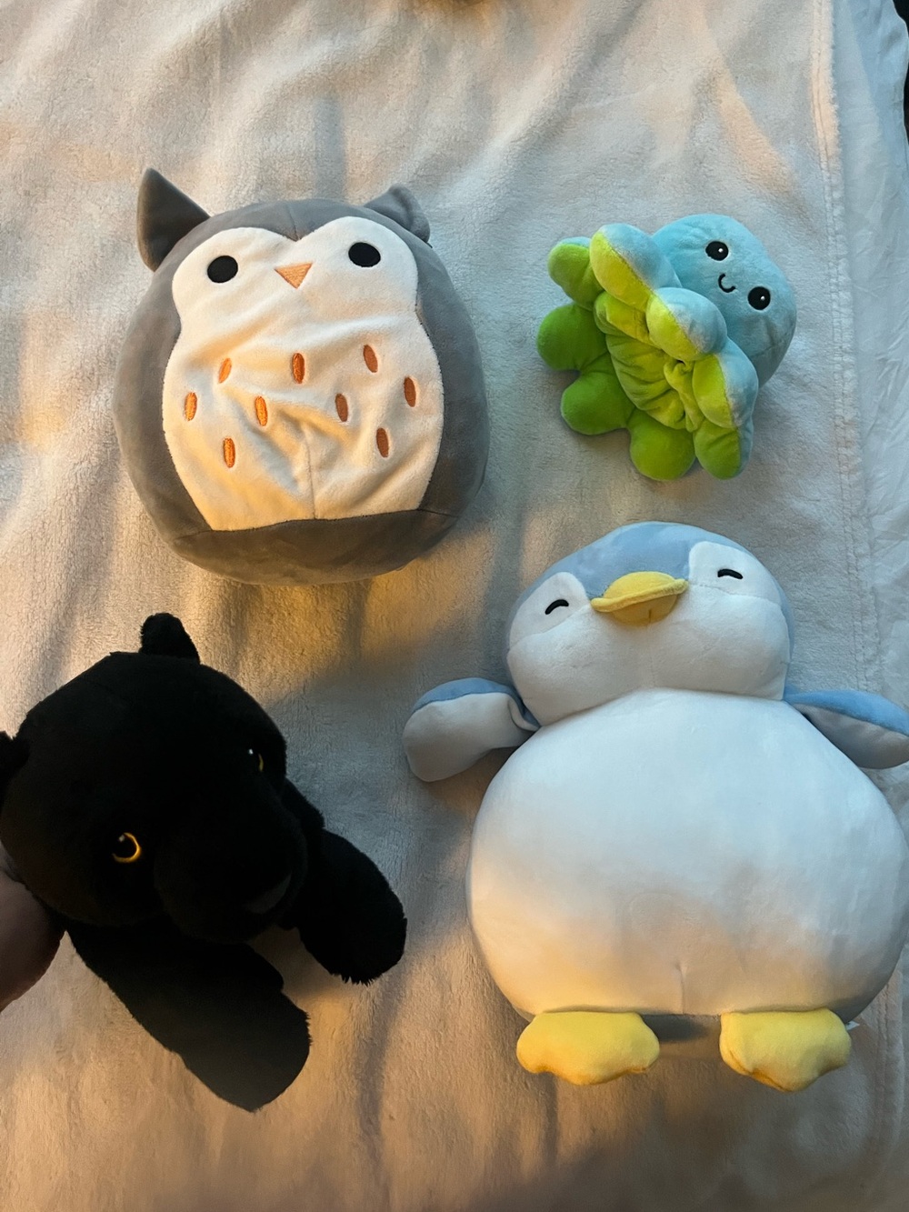 Set of 4 plushies - Owl, Penguin, Black Panther & Mini Octopus